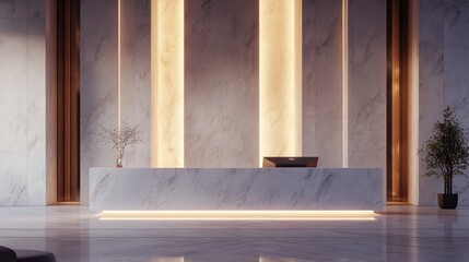 Modern marble reception desk in a luxury lobby with warm backlighting.