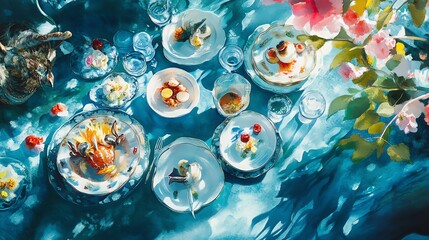 Vibrant overhead shot of an elegant, underwater-themed dinner party.  Delicious desserts and dishes are artfully arranged on a teal tablecloth, surrounded by flowers.