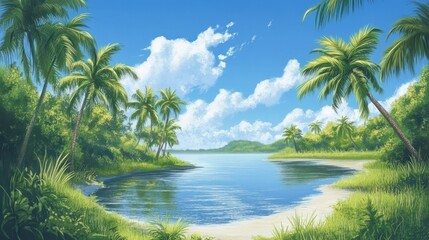Obraz premium Idyllic tropical beach scene with palm trees, calm water, and blue sky.