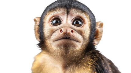 A charming capuchin monkey with expressive eyes and a playful expression isolated on a transparent background, PNG