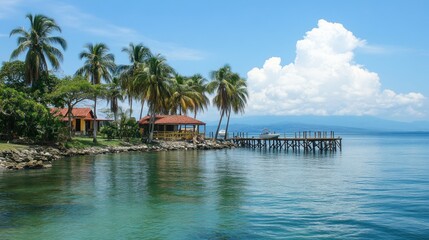 Tropical island getaway with palm trees, beach houses, and pier.