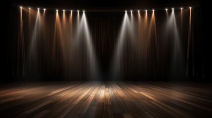 Empty stage with spotlight on wooden floor and dark curtains creating a dramatic atmosphere for performances or events in a theater setting