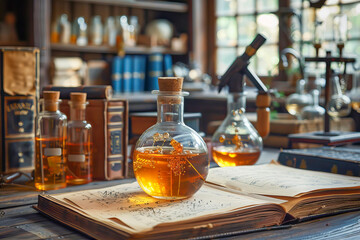 Alchemy laboratory showing development of scientific knowledge with copy space on old book