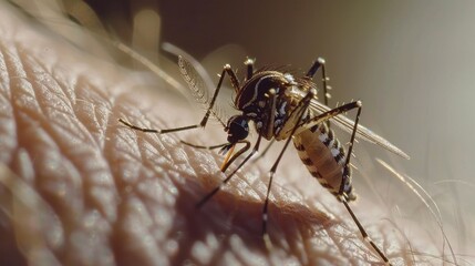 Extreme Close-up of Mosquito Feeding on Human Skin.