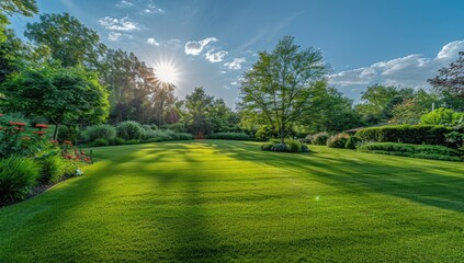 Serene Garden Landscape: A Picturesque View of Lush Greenery Under a Sunny Sky