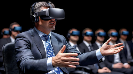 Businessman Wearing VR Headset Gestures During Presentation to Audience in Dark Room