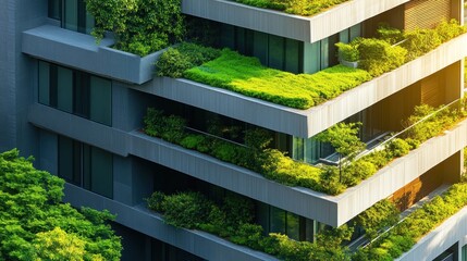 Fototapeta premium Modern green building with lush vegetation on balconies and rooftops.