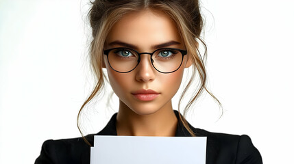 Confident Businesswoman Holds Blank Paper, Ready for Your Message, Against a White Background.