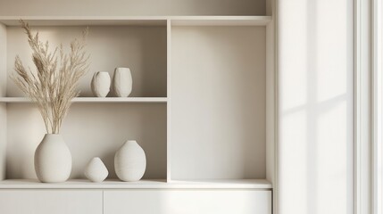 Minimalist white shelves with vases and pampas grass.