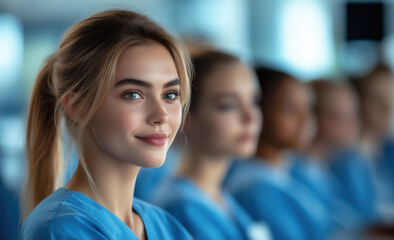 Fototapeta premium Confident young nurse in blue uniform with colleagues in medical setting