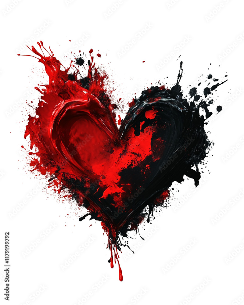 Poster Red and black paint heart with splatter effect on transparent background. PNG image