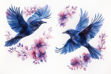Obraz premium Two blue birds with wings spread, surrounded by pink flowers in a decorative design.