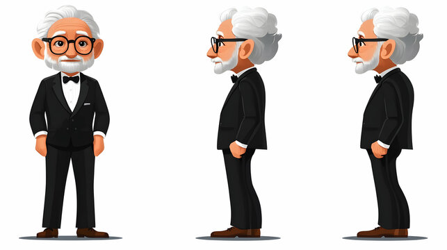 Elderly Gentleman in Tuxedo: Front, Side, and Profile Views on a White Background