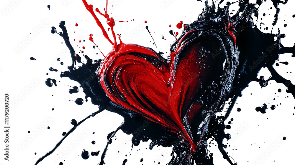 Poster Abstract red and black heart with paint splashes and dynamic strokes on transparent background. PNG image