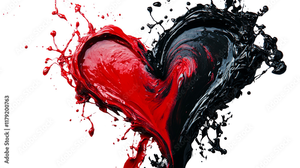Poster Dynamic red and black heart with paint splashes and abstract swirls on transparent background. PNG image