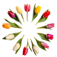 Obraz premium Colorful tulip arrangement in a circular design on transparent background. PNG image