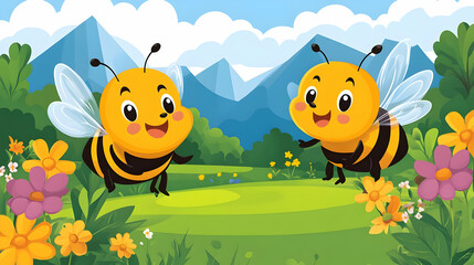 Two Happy Bees Buzzing in a Vibrant Meadow with Colorful Flowers and Majestic Mountains