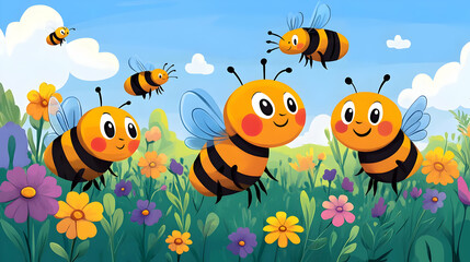 Cute Bees Fly Over a Colorful Flower Field Under a Blue Sky with White Clouds.
