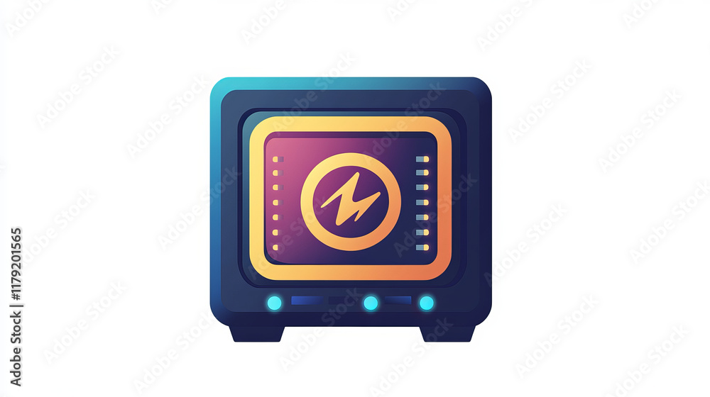 Poster computer power supply software thin line color icon. digital technology software product develop, co