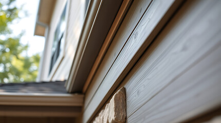 Close-up view of gray wood siding on a house exterior, showing layered horizontal planks with a visible trim detail.  Part of a stone facade and a house roof are also in view.