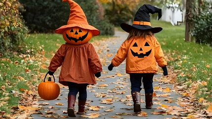 Two Children Wearing Pumpkin Costumes Walk Down a Leafy Path on an Autumn Day
