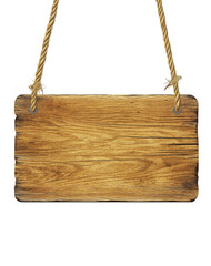 Rustic wooden hanging signboard with rope isolated on transparent background. PNG image