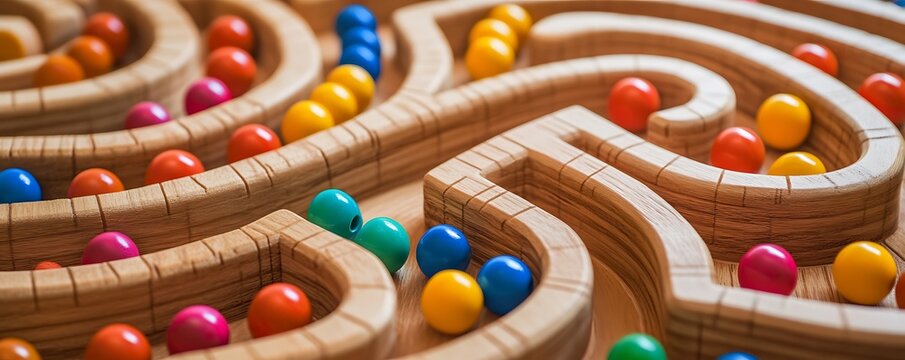 Wooden bead maze with colorful paths and smooth finishes