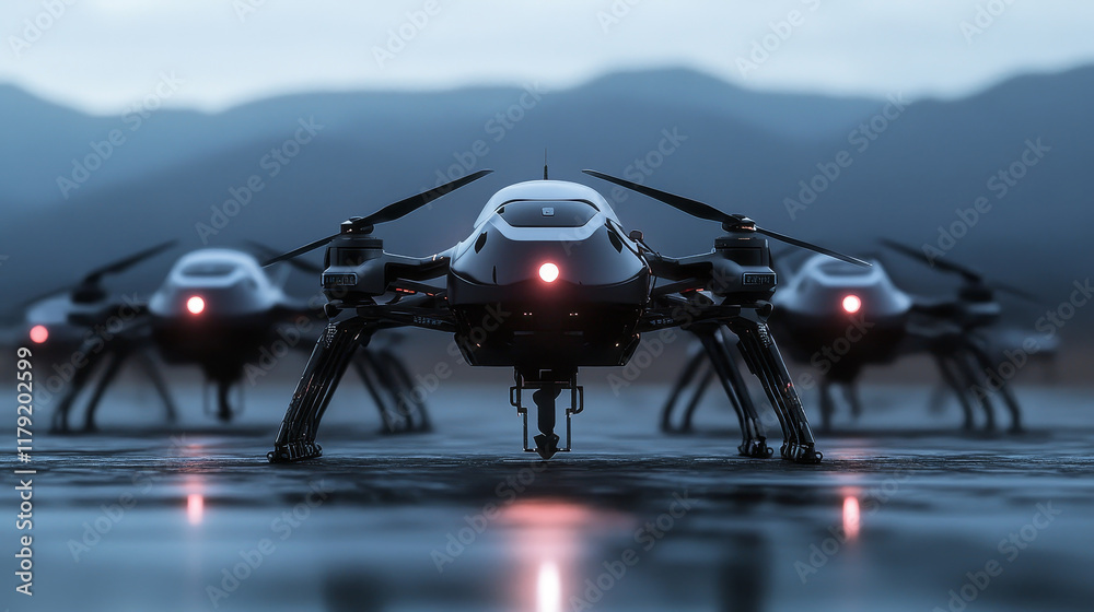 Poster robot modern technologies android drone isolated realistic futuristic automation. vector robot compu