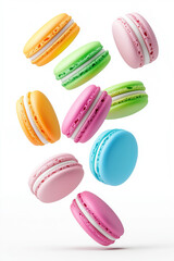 Obraz premium Floating macarons in various pastel colors, isolated on white background.