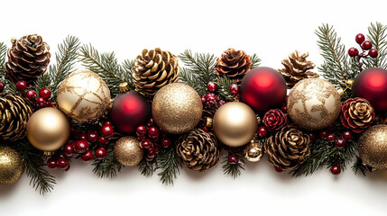 Christmas Border of Gold and Red Ornaments and Pine Cones Beautifully Arranged on White Background