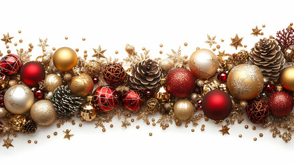 Christmas Border Decorated with Gold and Red Ornaments Elegantly on White Background Festively