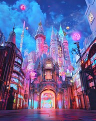 Obraz premium A vibrant, fantastical castle town at night, illuminated by colorful lights and a full moon. A magical, dreamlike scene perfect for fantasy or fairytale themes.