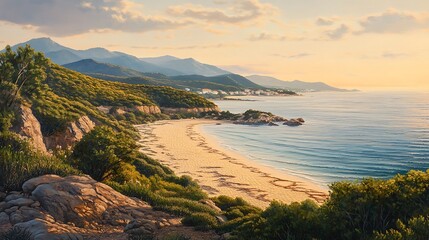 Serene Coastal Landscape At Sunrise Over Mountains And Beach