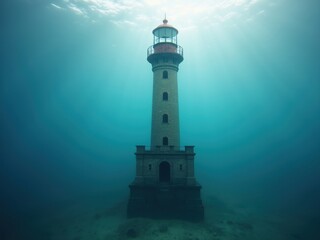 Mysterious underwater lighthouse standing tall in serene blue depths during daylight