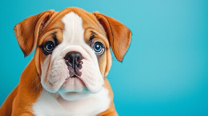 Fototapeta premium Adorable Bulldog puppy against blue background.
