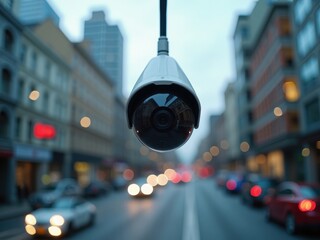 Surveillance camera monitors urban street activity during early evening hours in a busy city