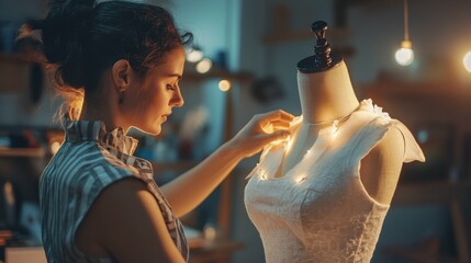 Fashion designer adjusting fabric on a mannequin, visualizing the final look of an elegant and unique creation.