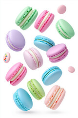 Obraz premium Floating macarons in various pastel colors, isolated on white background.