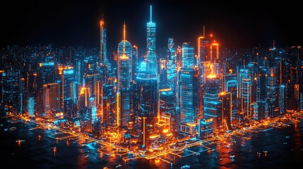 Fototapeta premium Futuristic neon cityscape aerial view with vibrant colors.