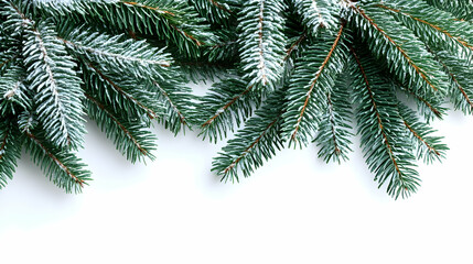 Snow-Dusted Pine Branches Create a Festive Border on White Background