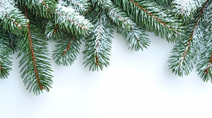Snow-Dusted Pine Branches Create a Festive Border on White Background for Winter Holiday Designs