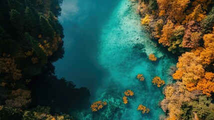 Obraz premium Aerial View of Vibrant Autumn Trees Surrounding Clear Blue Water
