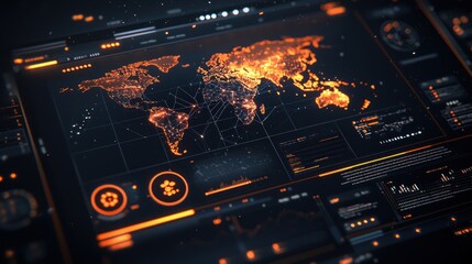 Obraz premium Global Network Visualization: A Futuristic Digital World Map Display