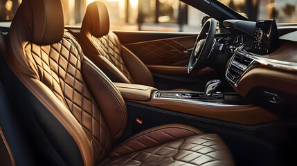 Fototapeta premium Luxurious Car Interior Showcases Quilted Leather Seats and Modern Dashboard with Sunlight