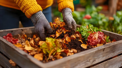 Gardener prepares compost with autumn leaves and soil enriching it naturally outdoors.