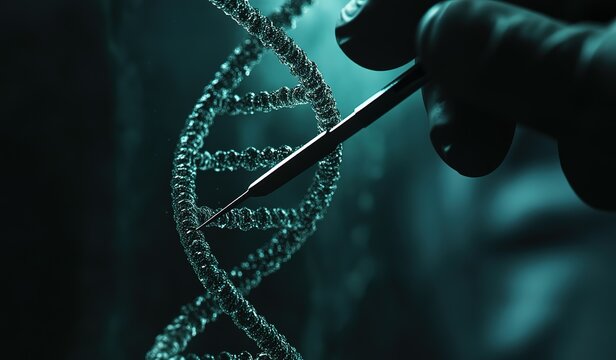 Close-up of a hand holding precision tweezers, with one tweezer pinching the end of a double-helix DNA strand, against a medical science background.