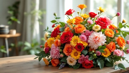 Vibrant bouquet of roses, dahlias, and gerberas sitting on a wooden table by a window