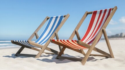 Relaxing striped beach chairs on sandy beach under a clear blue sky.