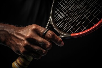 A black man's hand holds a tennis ball and a racket.