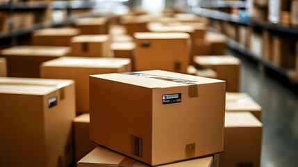 Cardboard Boxes Stacked Neatly in a Warehouse Aisle Ready for Shipping and Distribution.